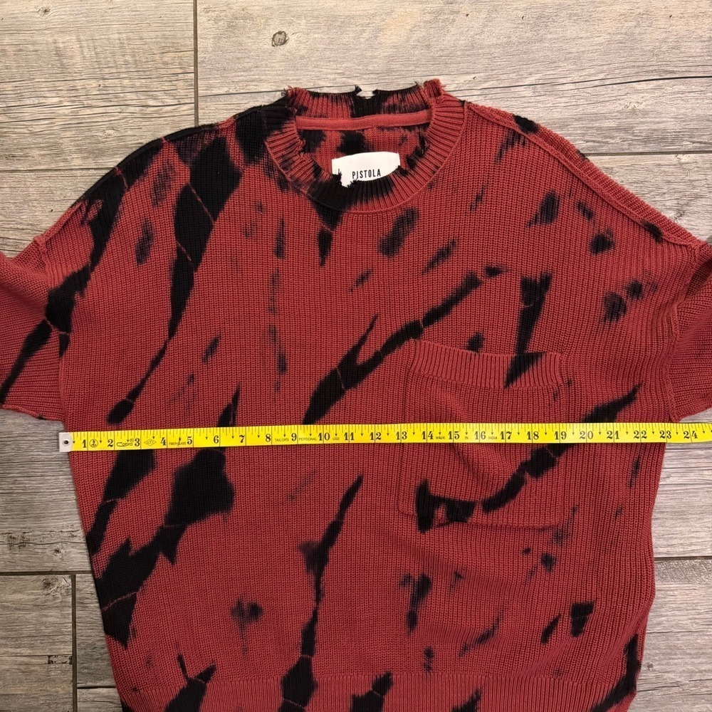 Pistola Red Black Tie Dye Knit Sweater Pullover Long Sleeve Crew Neck Pocket S - Picture 10 of 10
